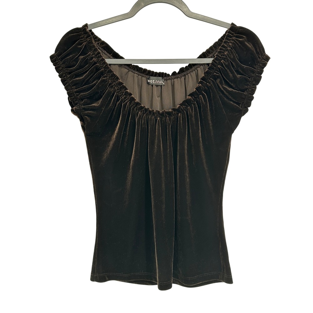 Wet Seal Vintage Velvet Top Large Brown Ruched Cap Sleeve Y2K Goth Scoop Neck